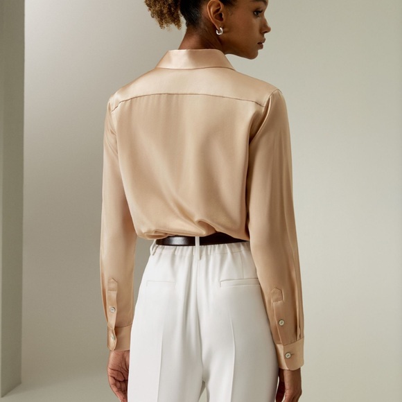 Spread Collar Silk Shirt- Light Camel - Picture 3 of 4